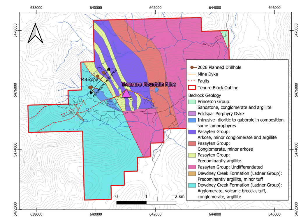 Location map of the planned 2026 MB Zone drill holes and geological setting at Treasure Mountain