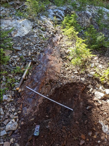 Photo of vein outcrop along the mineralized trend. Ruler is 2 meters wide